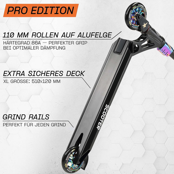 STAR SCOOTER Pro Sport Freestyle Kick Stunt Scooter für Kinder ab 7 Jahre, Erwachsene | 110 120mm Pr