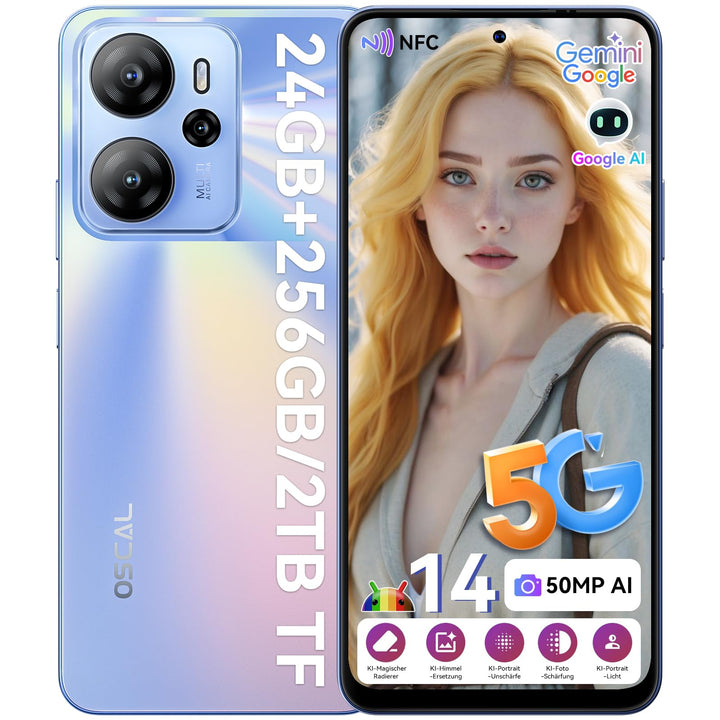 OSCAL Tiger 13 5G Handy ohne Vertrag Gemini AI 24GB+256GB/2TB, Android 14 Smartphone ohne Vertrag 90