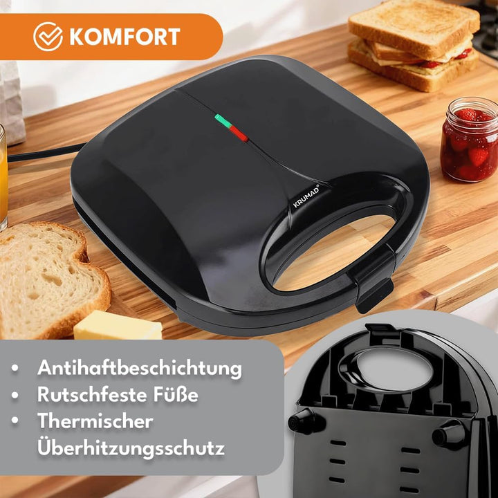 Sandwich Maker – 1000W Sandwich Toaster 2 Scheiben mit Antihaftbeschichtung, Wärmeisoliertem Griff &