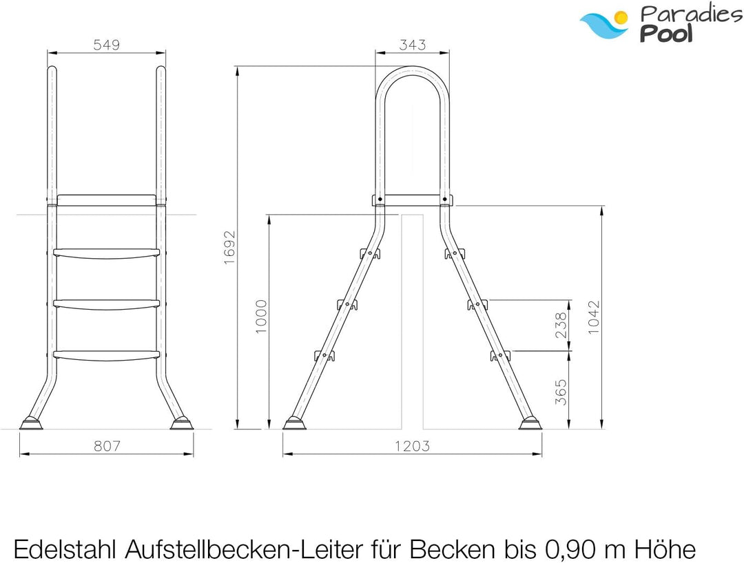 EDELSTAHLLEITER 43mm V2A-Holme für Hoch- und Aufstellbecken 90-100 cm Höhe