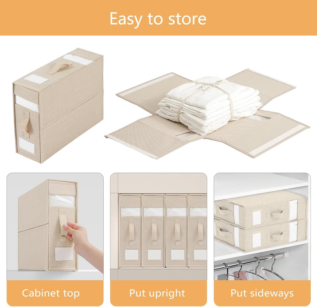 2er-Pack Faltbare Bettlaken Organizer mit klarem Fenster und verbessertem Griff, Beige Leinen Schran
