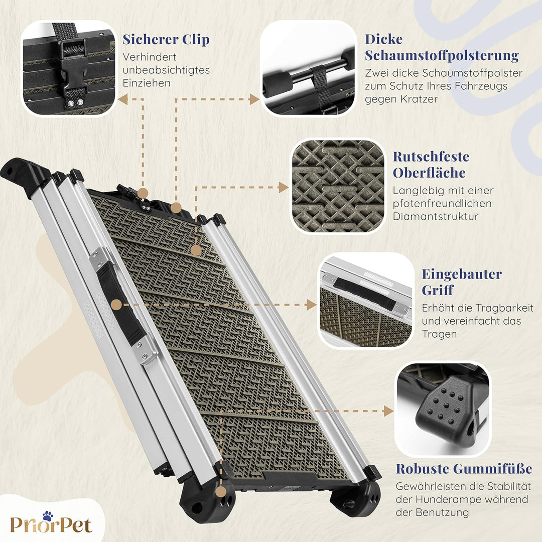 Hunderampe Auto Klappbar - Stabile und rutschfeste Hundeleiter Auto & SUV bis zu 90kg Belastbar - Te