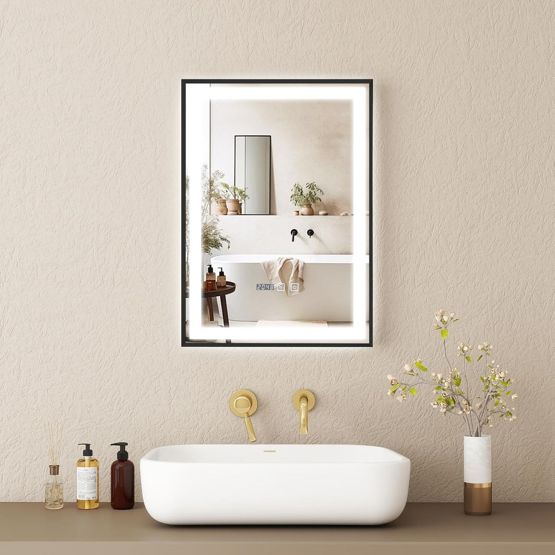 YOURLITE Badspiegel mit Beleuchtung 50x70cm,Badezimmerspiegel mit Beleuchtung und Uhr, 3 Lichtfarben