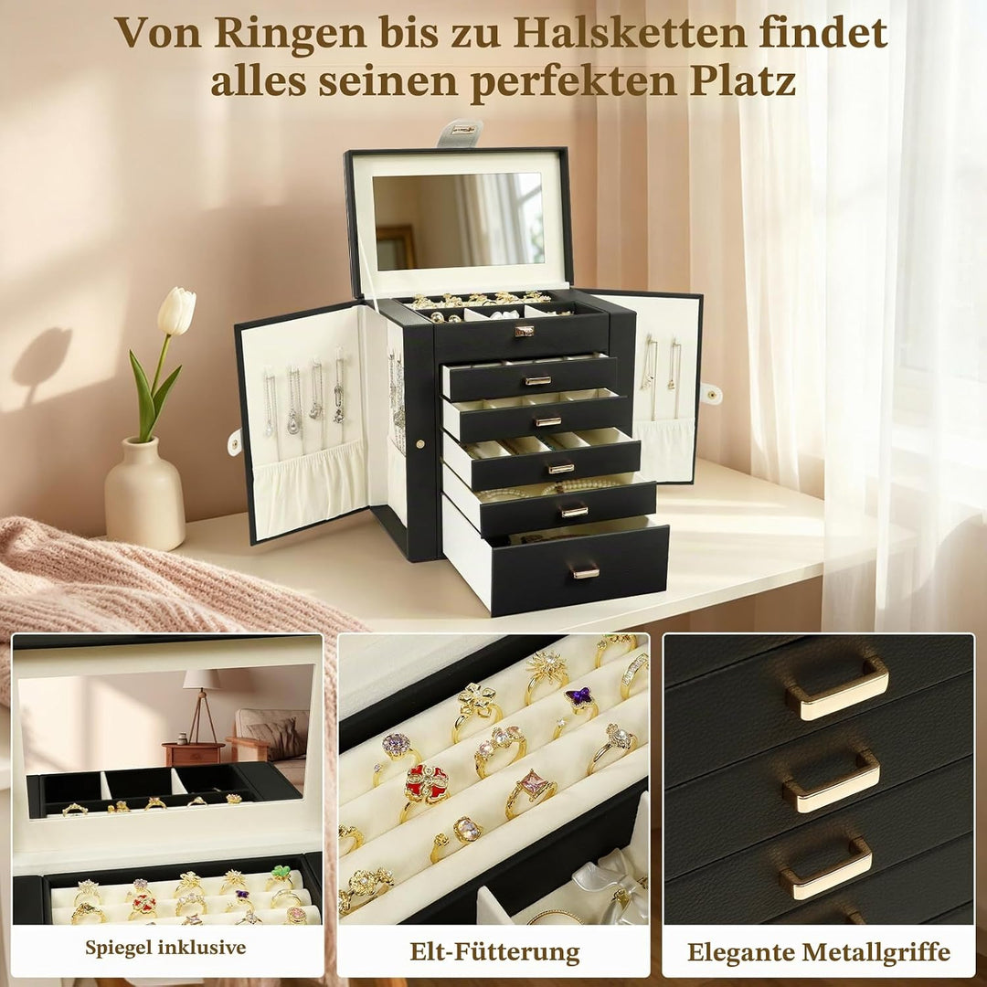 KAMIER Schmuckkästchen für Damen, grosse Schmuckschatulle mit 6 Ebenen, Schmuckbox mit Spiegel und 5