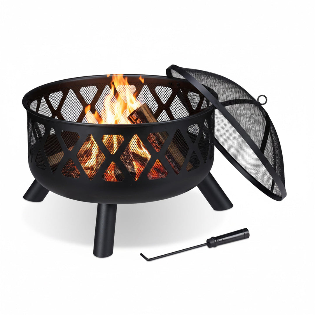 Relaxdays Feuerschale mit Funkenschutz, Ø 62 cm, mit Schürhaken, Garten, Terrasse, Outdoor Feuerstel