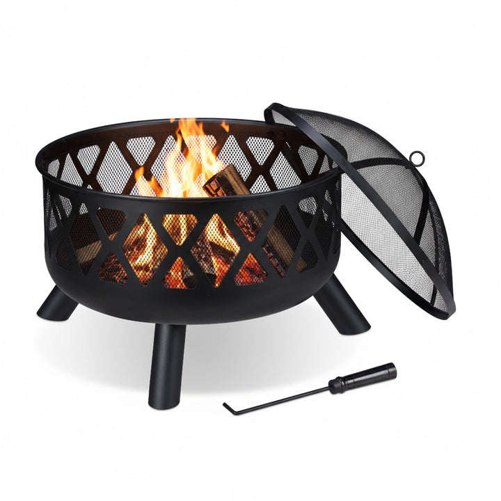 Relaxdays Feuerschale mit Funkenschutz, Ø 62 cm, mit Schürhaken, Garten, Terrasse, Outdoor Feuerstel
