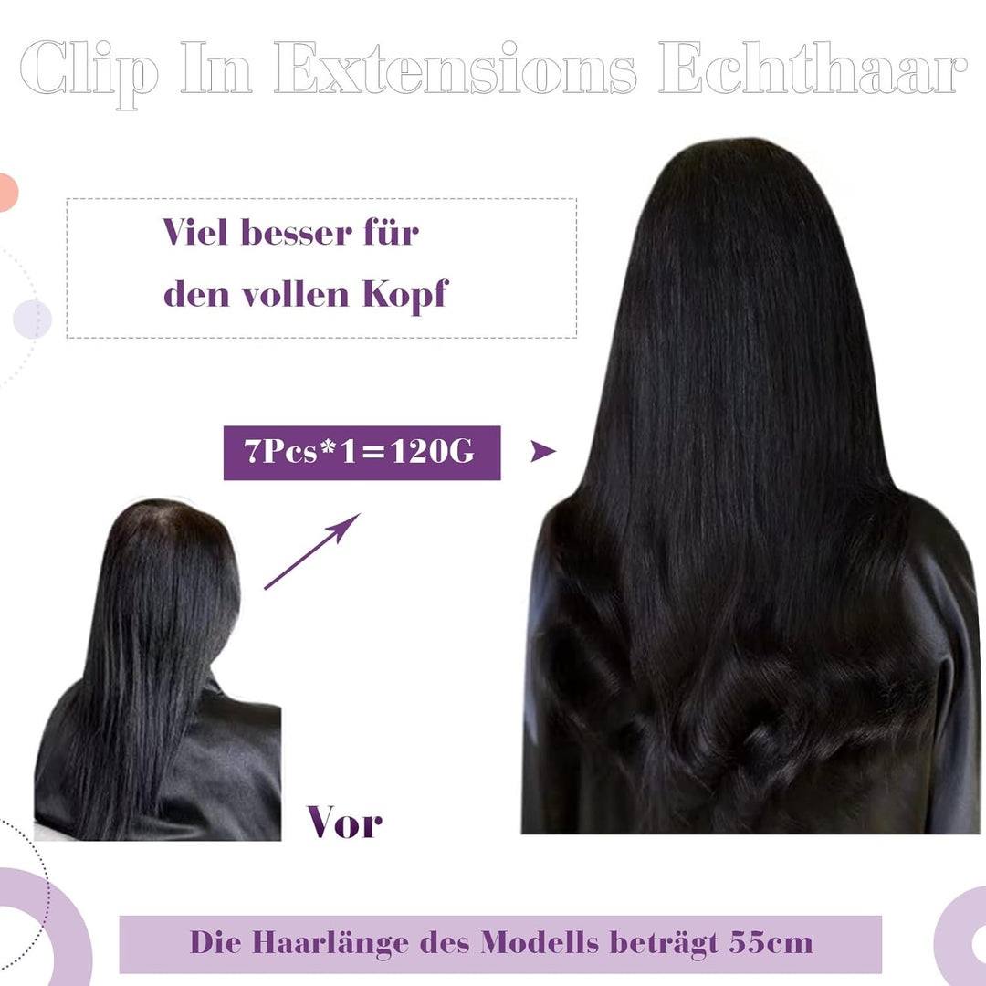 LaaVoo Ombre Echthaar Extensions Clip in 40cm Remy Clip Extensions Echthaar 7pcs/105g Schwarz bis As
