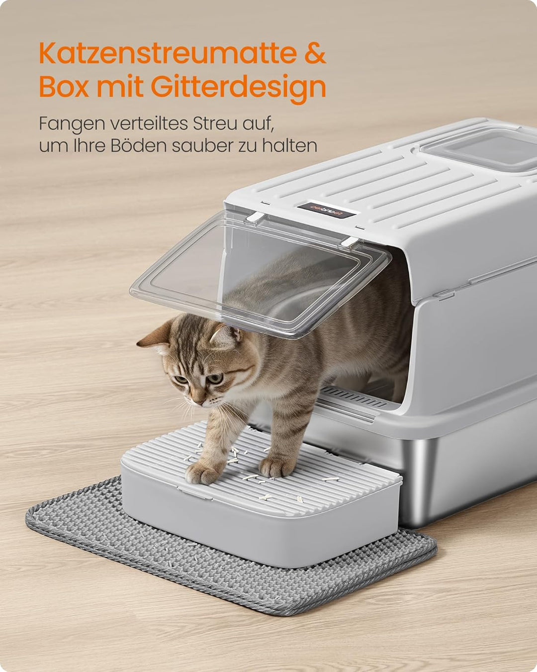 Feandrea Katzenklo Edelstahl, Katzentoilette mit Deckel, mit Schaufel, Katzenstreumatte und 2 Eingän