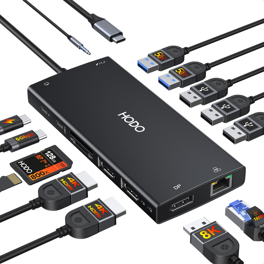 HODO Dockingstation Laptop 2 Monitore, Docking Station Triple Display | 15 in 1 USB C Hub, 2HDMI, 8K