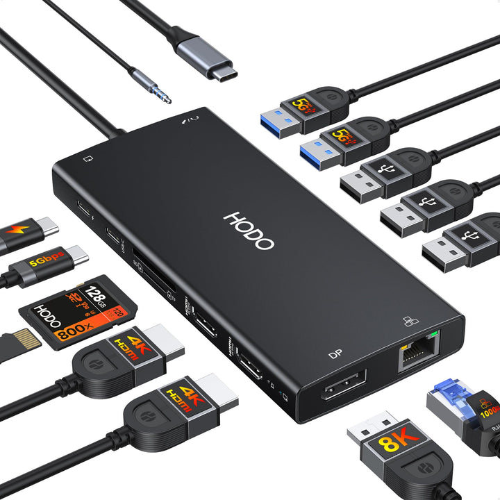 HODO Dockingstation Laptop 2 Monitore, Docking Station Triple Display | 15 in 1 USB C Hub, 2HDMI, 8K