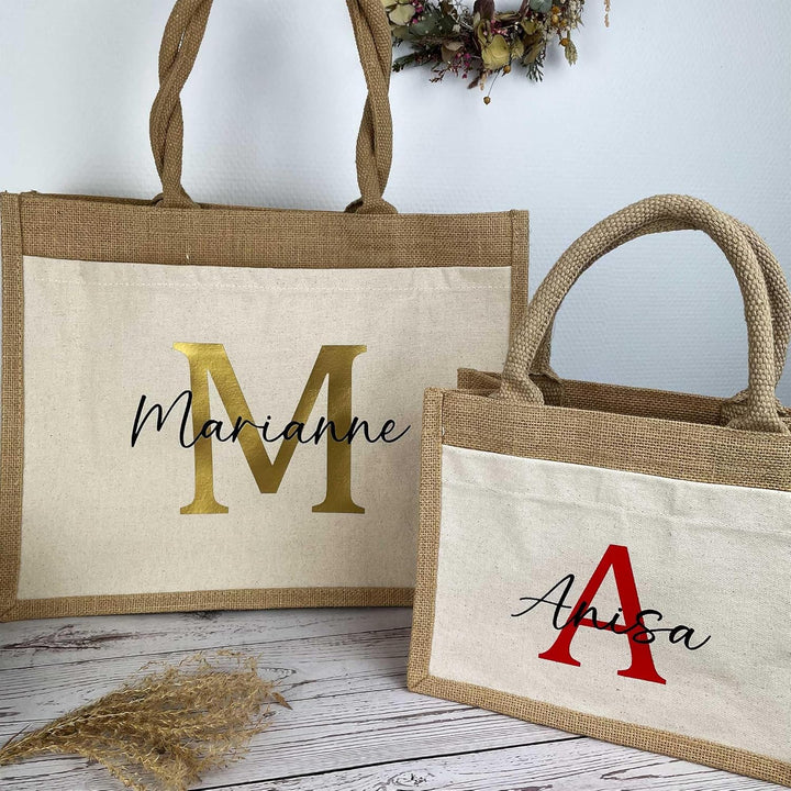 mamir home Jute/Baumwoll Tasche Initial + Name | personalisiert in Wunschfarbe | 2 Grössen | Geschen