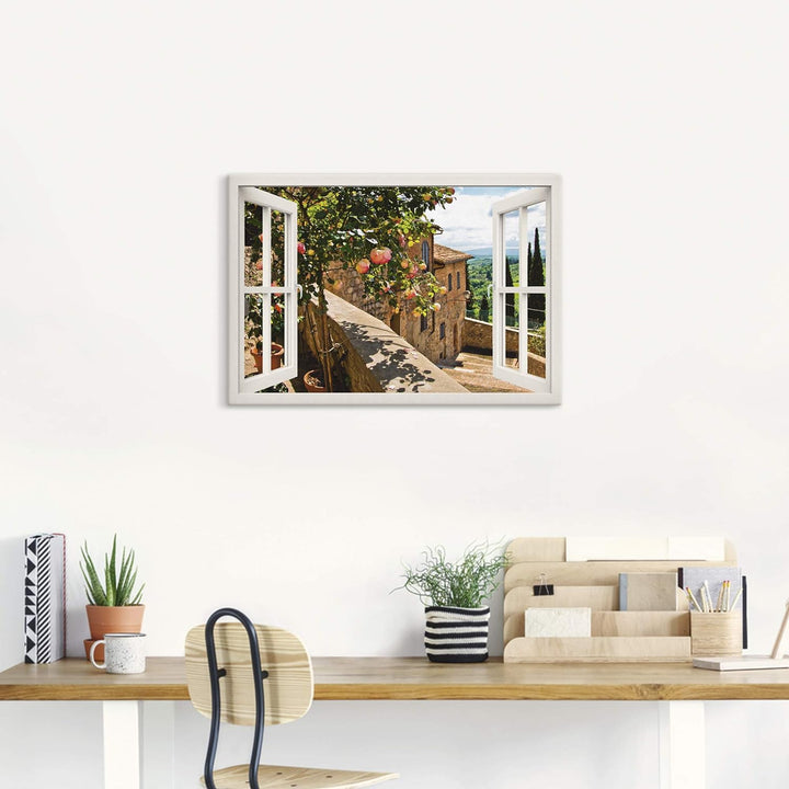 Artland Leinwandbild Wandbild Bild auf Leinwand 100x70 cm Wanddeko Fensterblick Fenster Toskana Land