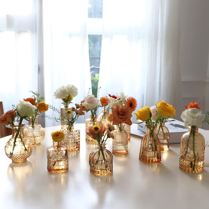Bernsteinglas Knospen Vase 22 Stück, kleine Vasen für Blumen, klare Glasvasen für Tafelaufsätze, Taf