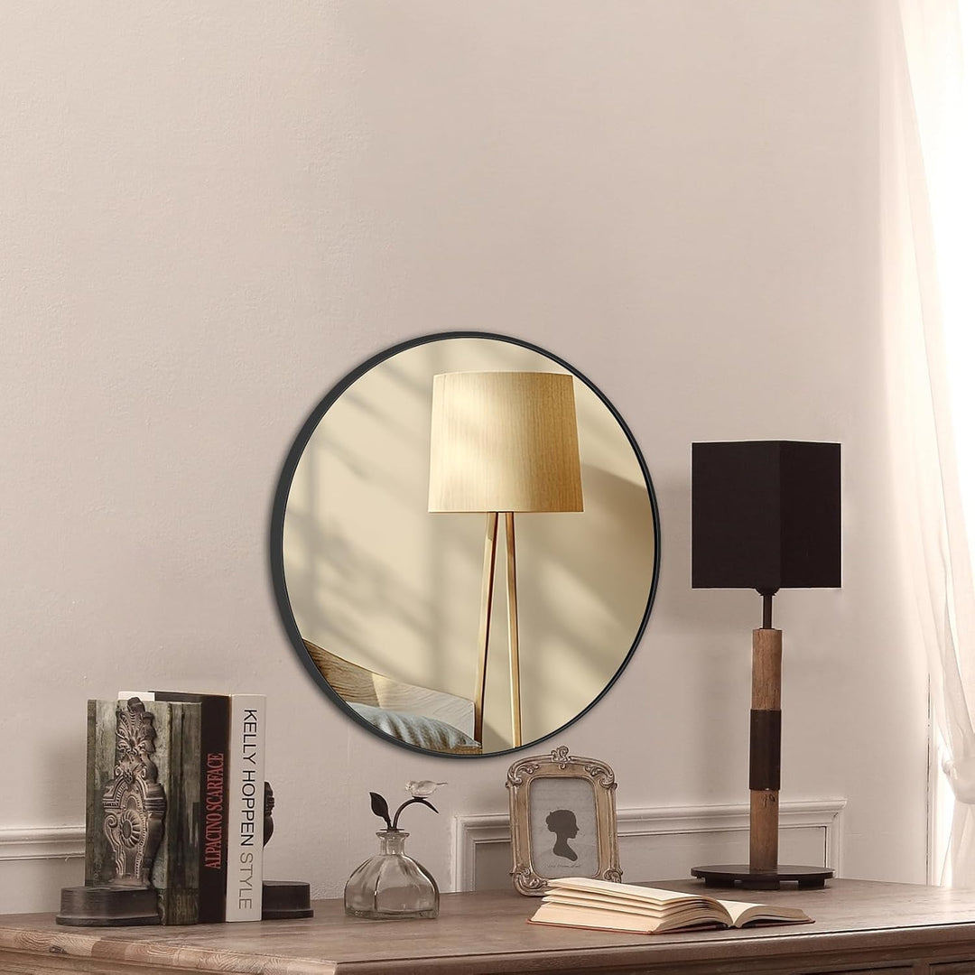 40 cm grosser runder Wandspiegel, schwarzer Metallrahmen, HD-Glas, für Badezimmer, Wohnzimmer, Schla