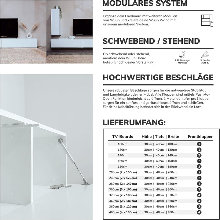 Wuun® TV Lowboard TV Board hängend I 100cm-280cm I Hängeschrank Wohnwand/Somero Weiss-Matt/Beton-Opt