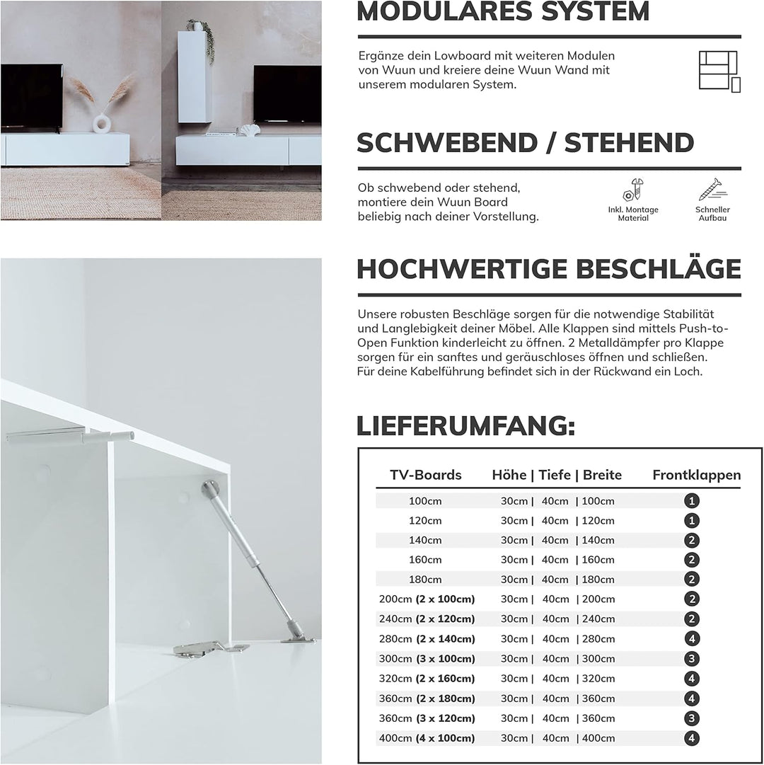 Wuun® TV Lowboard TV Board hängend I 100cm-280cm I Hängeschrank Wohnwand/Somero Weiss-Matt/Weiss-Hoc