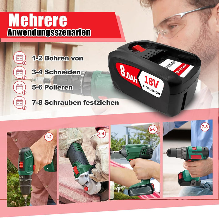 4PCS 18V 8.0Ah Kompatibel mit für Bosch 18V Akku Ersatz für Bosch Akku PBA PSB PSR Li-ion Home and G