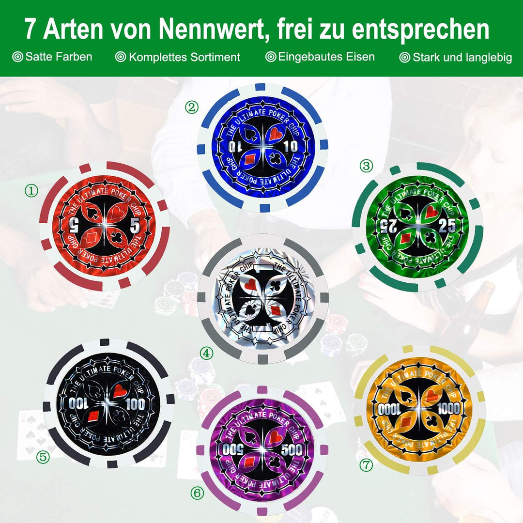 Pokerkoffer Set 500 Chips Pokerset mit 2 Pokerdecks, 5 Würfeln & Dealer-Buttons im Aluminiumkoffer (