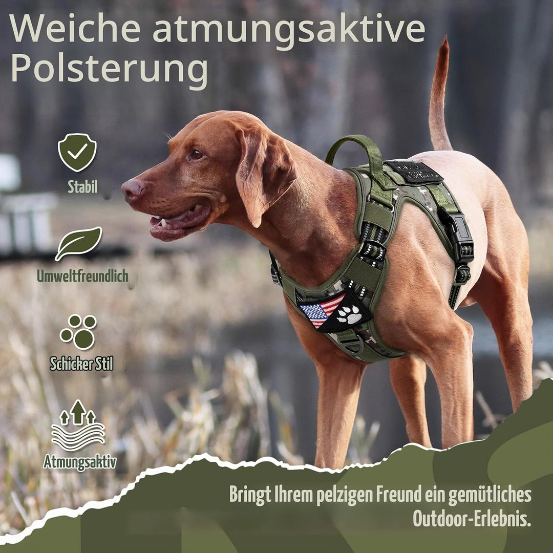 rabbitgoo Hundegeschirr Grosse Hunde Anti-Zug, L, Grünes Tarnmuster | MOLLE-System, Heavy Duty, Sich