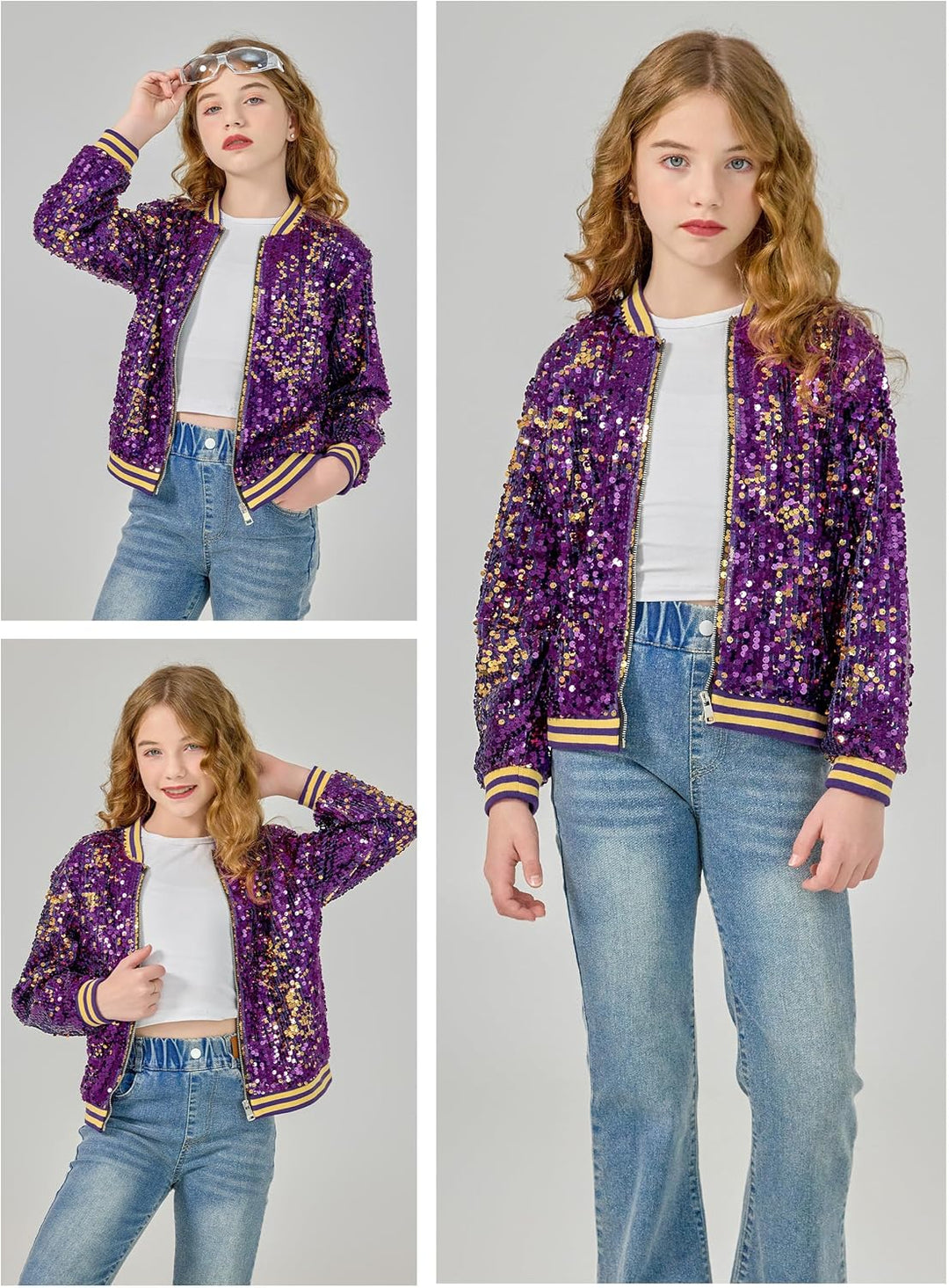 LOLANTA Mädchen Pailletten Bomberjacke mit Taschen Reissverschluss Langarm Glitzer Baseball Jacken f