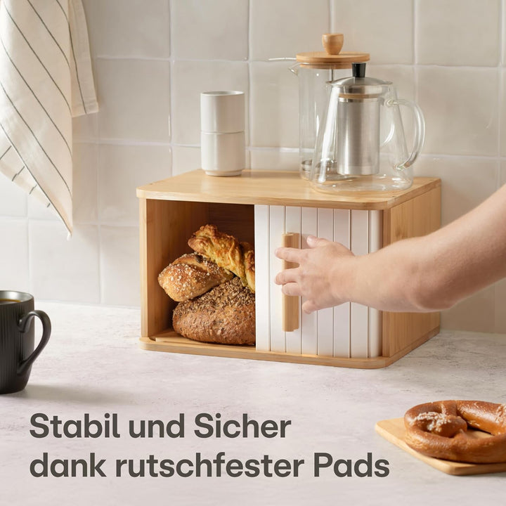 Praknu Brotkasten klein aus FSC® Holz mit Schiebetür - Brotaufbewahrung 33x23cm - Platzsparend und s