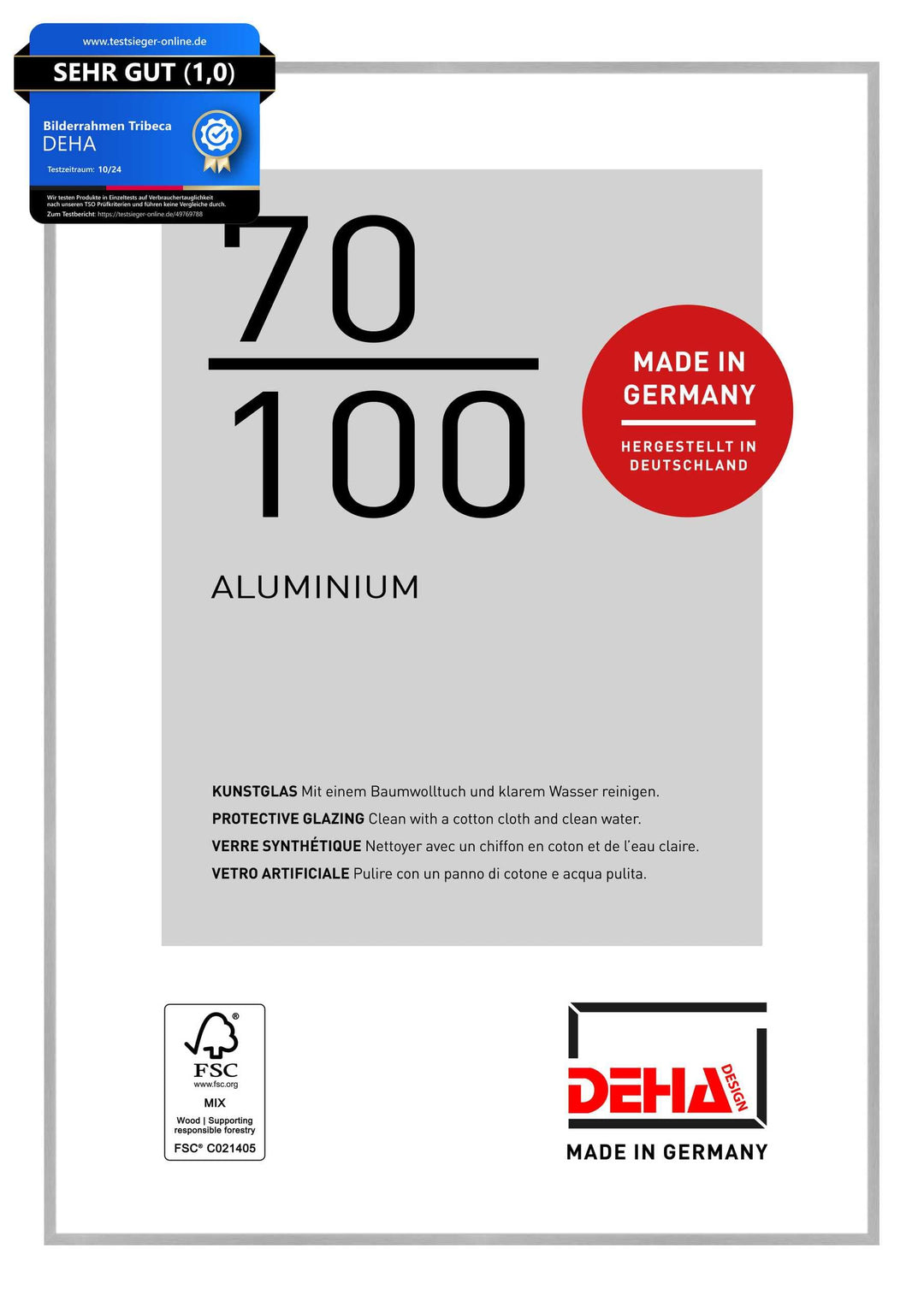 DEHA Design Bilderrahmen Tribeca, 70x100 cm, Aluminium Silber Matt, bruchsicheres Acrylglas, für Pos