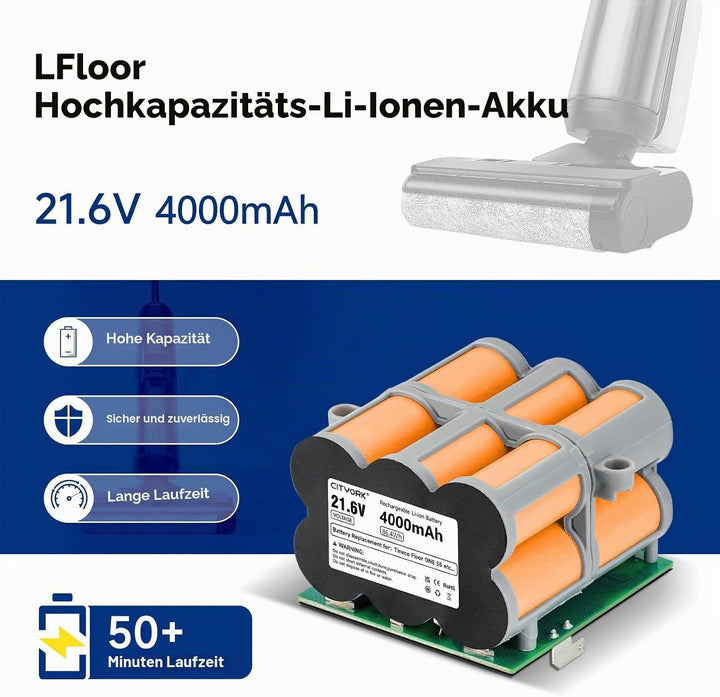 CITYORK 21.6 V 4000mAh Ersatz Akku kompatibel mit Tineco Floor ONE S5/S5 PRO 2/Floor ONE S5 Smart/S5