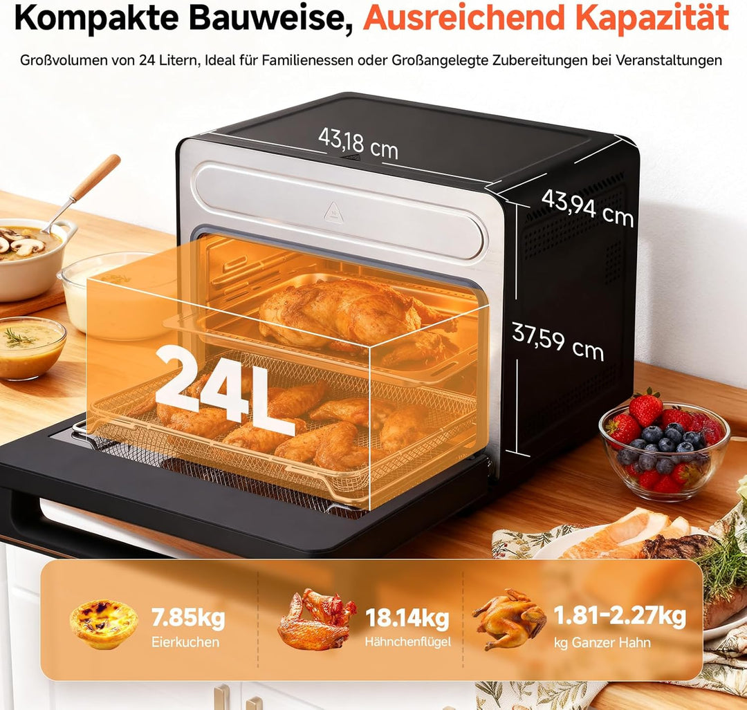 OUNIN 24L Vielseitig Airfryer Backofen, 11-in-1-Heissluftfritteuse, Zweizonen-Kochung, Minibackofen
