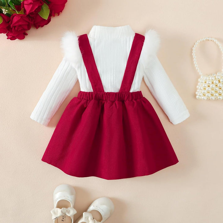 Kleinkind Baby Mädchen Kleidung Langarm Strick Rippenoberteile Schleife Cord Hosenträgerrock Kleid O