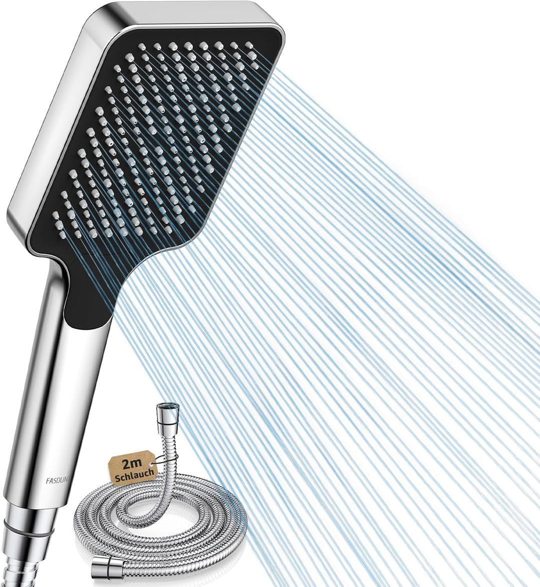 FASDUNT Duschkopf mit Schlauch 2M, Hochdruck Duschkopf Regendusche mit 9.5L/min Durchflussbegrenzer
