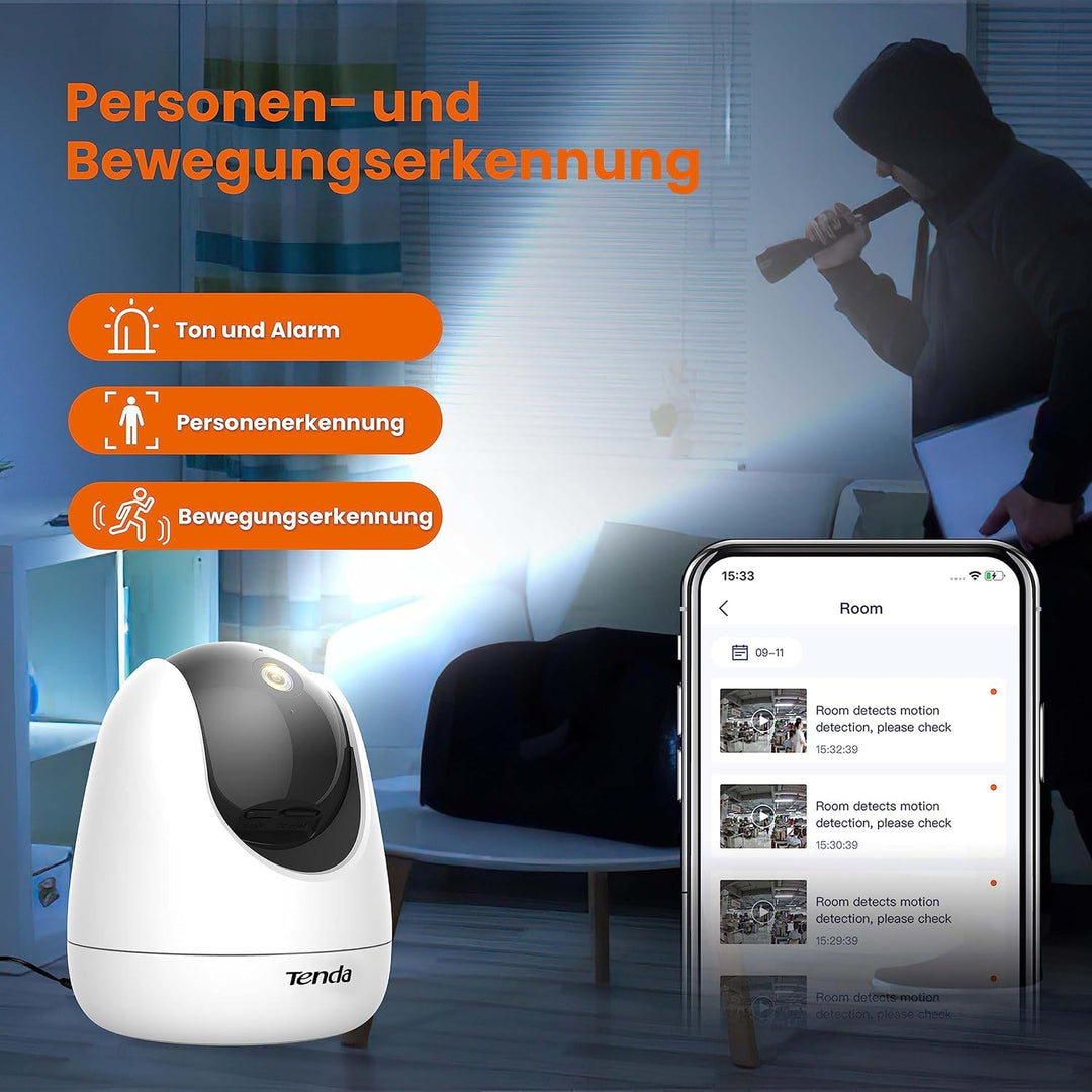 Tenda Überwachungskamera Innen CP3 V2.2, 360 Grad WLAN IP Kamera, 2-Wege-Audio, 1080P, Nachtsicht, T