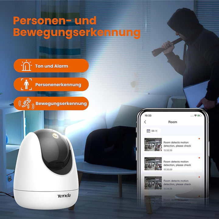 Tenda Überwachungskamera Innen CP3 V2.2, 360 Grad WLAN IP Kamera, 2-Wege-Audio, 1080P, Nachtsicht, T