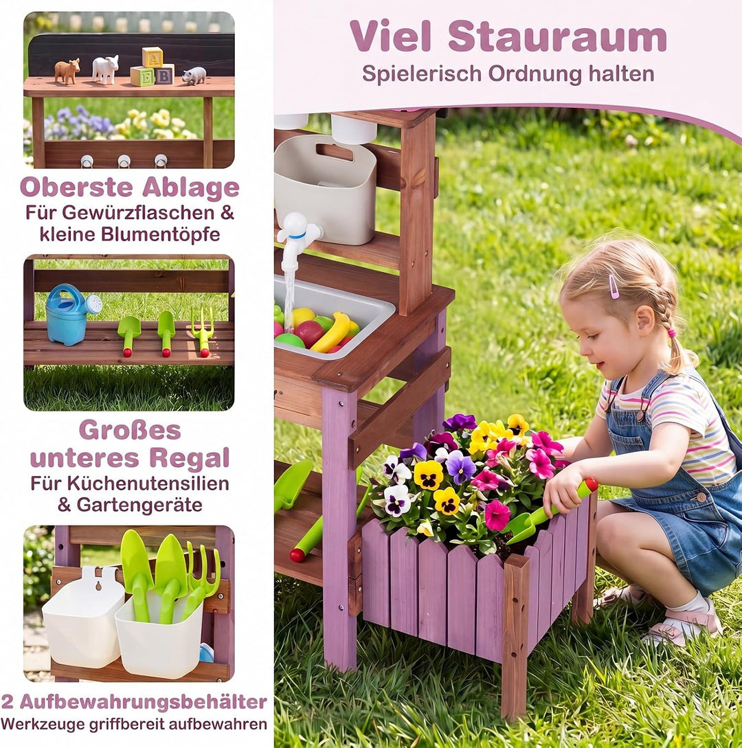 COSTWAY Matschküche Kinder Outdoor, Spielküche mit Wassertank &amp; Wasserhahn | Kinderküche mit Pflanzk
