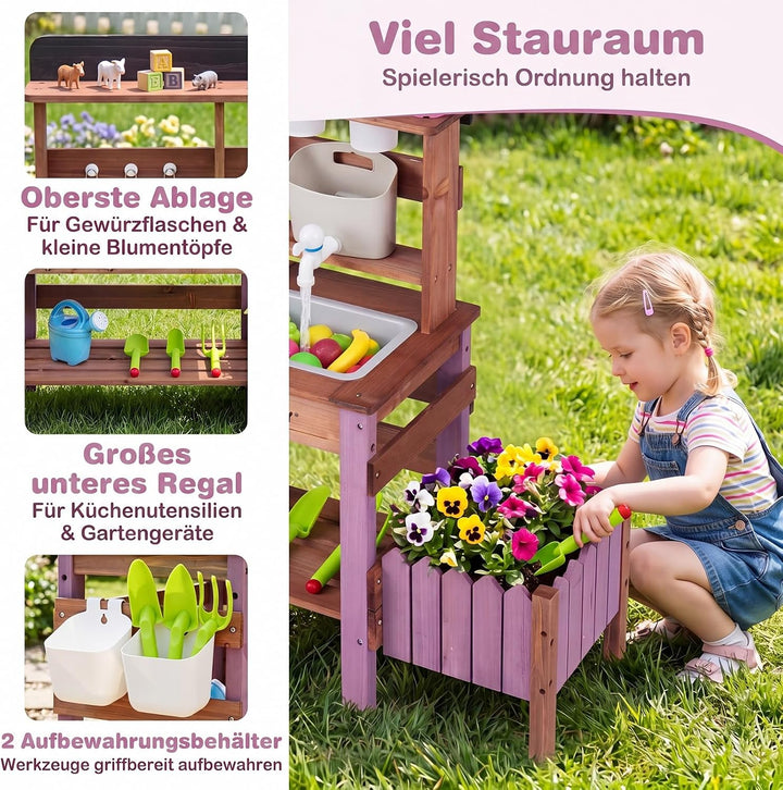COSTWAY Matschküche Kinder Outdoor, Spielküche mit Wassertank &amp; Wasserhahn | Kinderküche mit Pflanzk