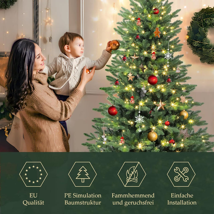 SALCAR Künstlicher Weihnachtsbaum 180 cm mit Warm LED-Beleuchtung und Holzständer, PE-Spritzguss und