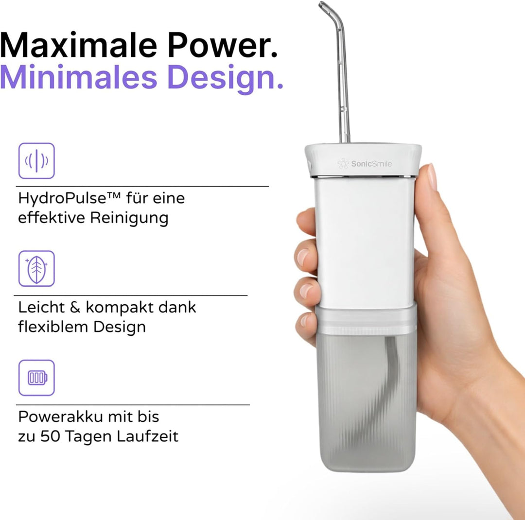 SonicSmile® Sonic Mini Munddusche – Kabellos & kompakt, Teleskop-Design, 4 Aufsätze, Zahnzwischenrau