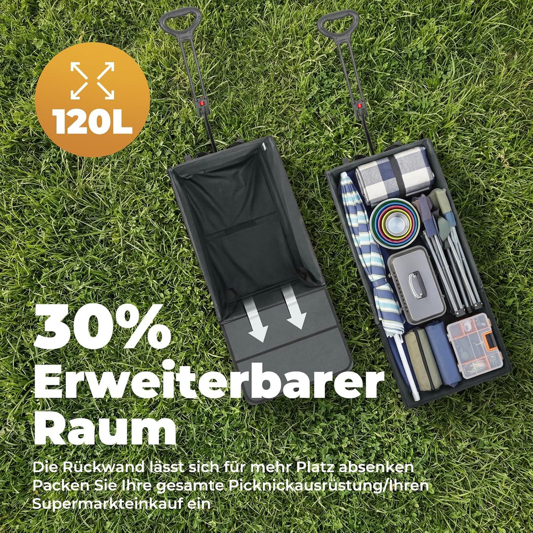 Bollerwagen Faltbar 120L+, Bis 150kg mit Heckklappe, Regenschutz, Bremsen | Reflektorstreifen, Stran