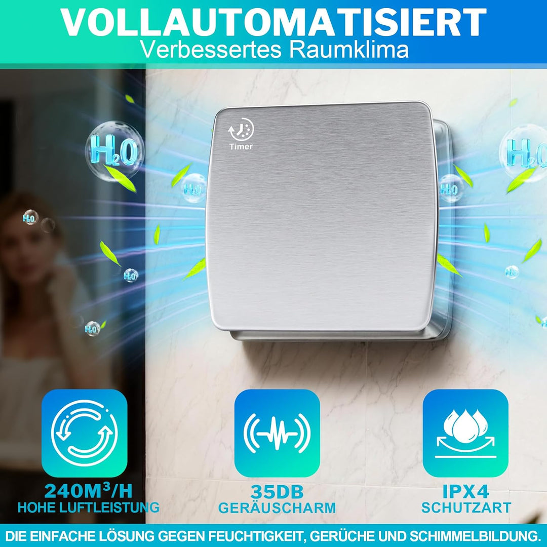 XIIW Badlüfter 150mm mit Nachlauf, 18W Leiser Abluftventilator Lüfter mit Rücklaufklappe, Effiziente