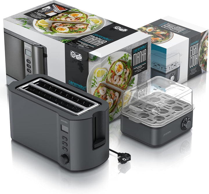 Arendo SET Toaster MANHA mit Eierkocher EIGHTCOOK Edelstahl Cool Grey Toaster 4 Scheiben Display 6 B