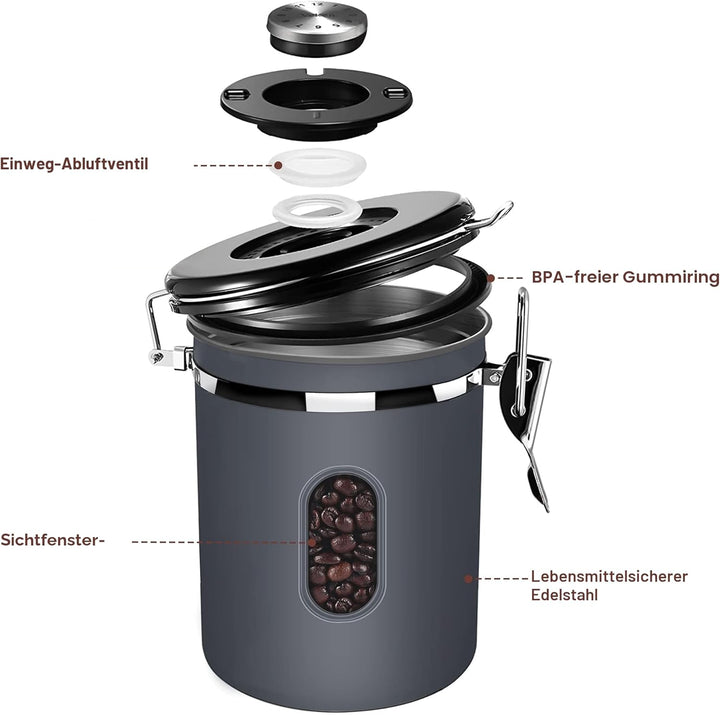 ROCKY&CHAO Kaffeedose Luftdicht aus Edelstahl 1,8L Kaffeebhnen Behälter 600g Vorratsdose für Tee Nüs