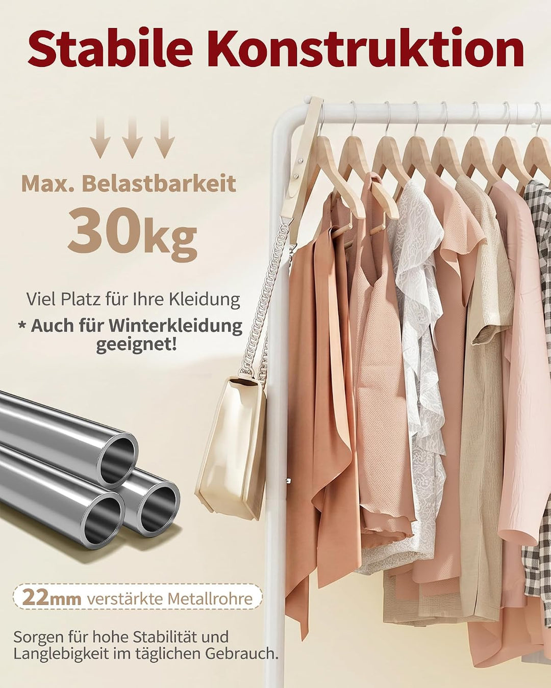 Sakugi Kleiderständer - Kleiderständer auf Rollen, Kleiderstange mit Aufbewahrungsgitter, Robuster M