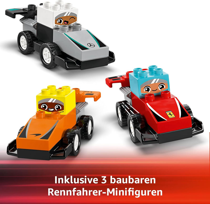 LEGO DUPLO Town F1 Team Rennautos mit Rennfahrern, Bauspielzeug für die ganze Familie, fantasievolle