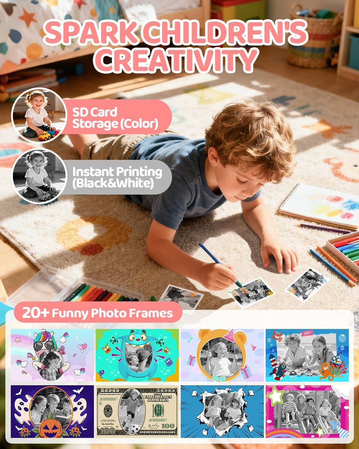 CalineGam Kinderkamera Sofortbildkamera, 1080P HD Sofortbildkamera Kinder mit 32 GB Karte und 3 Papi
