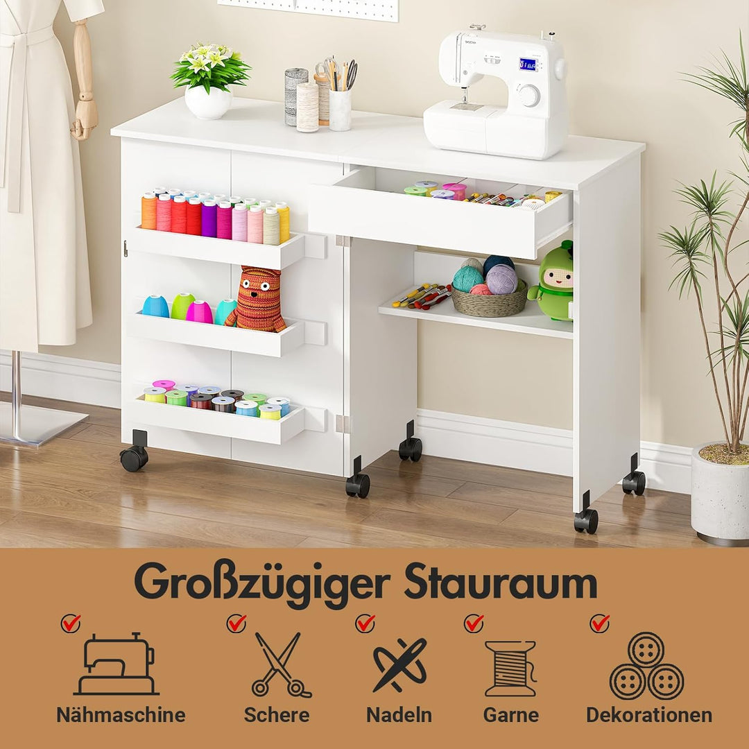Nähtisch Klappbar, 2-in-1 Nähmaschinentisch, Nähmaschinenschrank mit Offenen Ablagefächern und Rolle