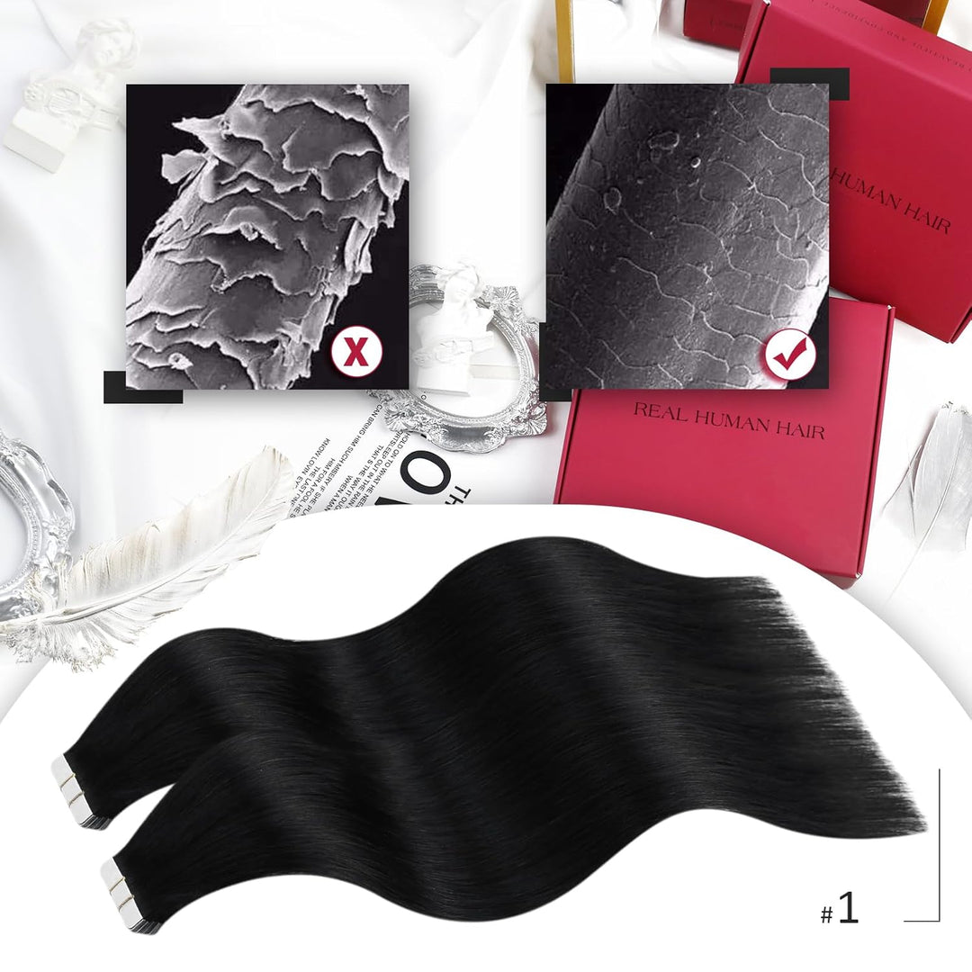 Moresoo Tape Extensions Echthaar Haarverlängerung Brasilianer Haar Extensions Tape Schwarz #1 Seamel