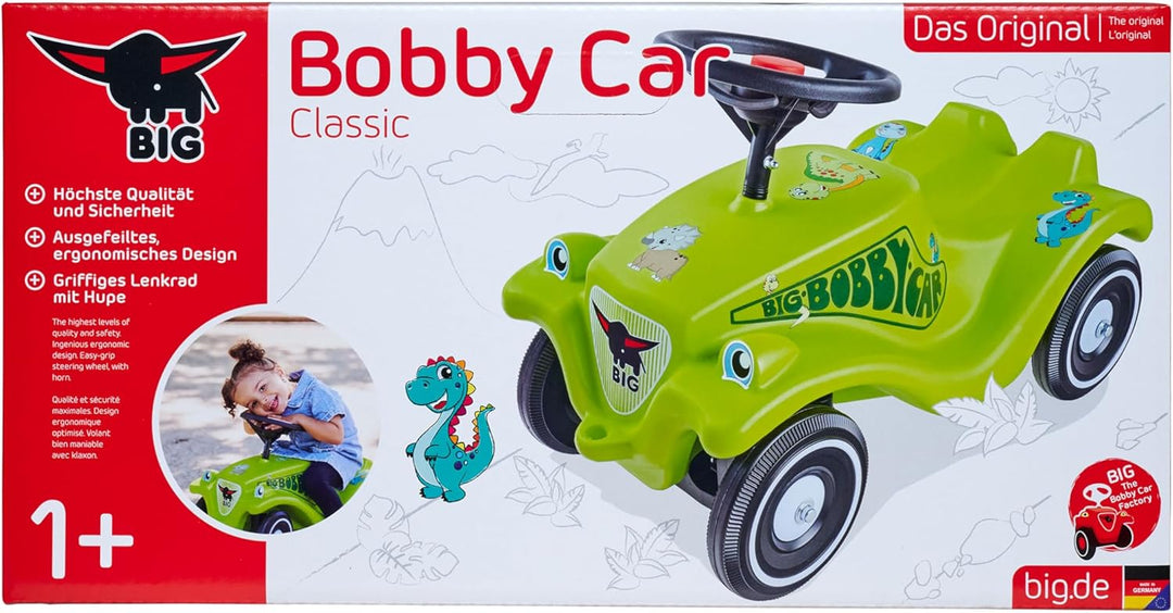 Big Bobby Car Classic Dino - Rutschauto ab 1 Jahr im bunten Dino-Design mit schwarzem Sicherheits-Le