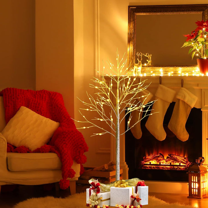 RELAX4LIFE Weisser Weihnachtsbaum Künstlich 120cm, LED Lichtbaum Birkenoptik, Christbaum mit 48 warm