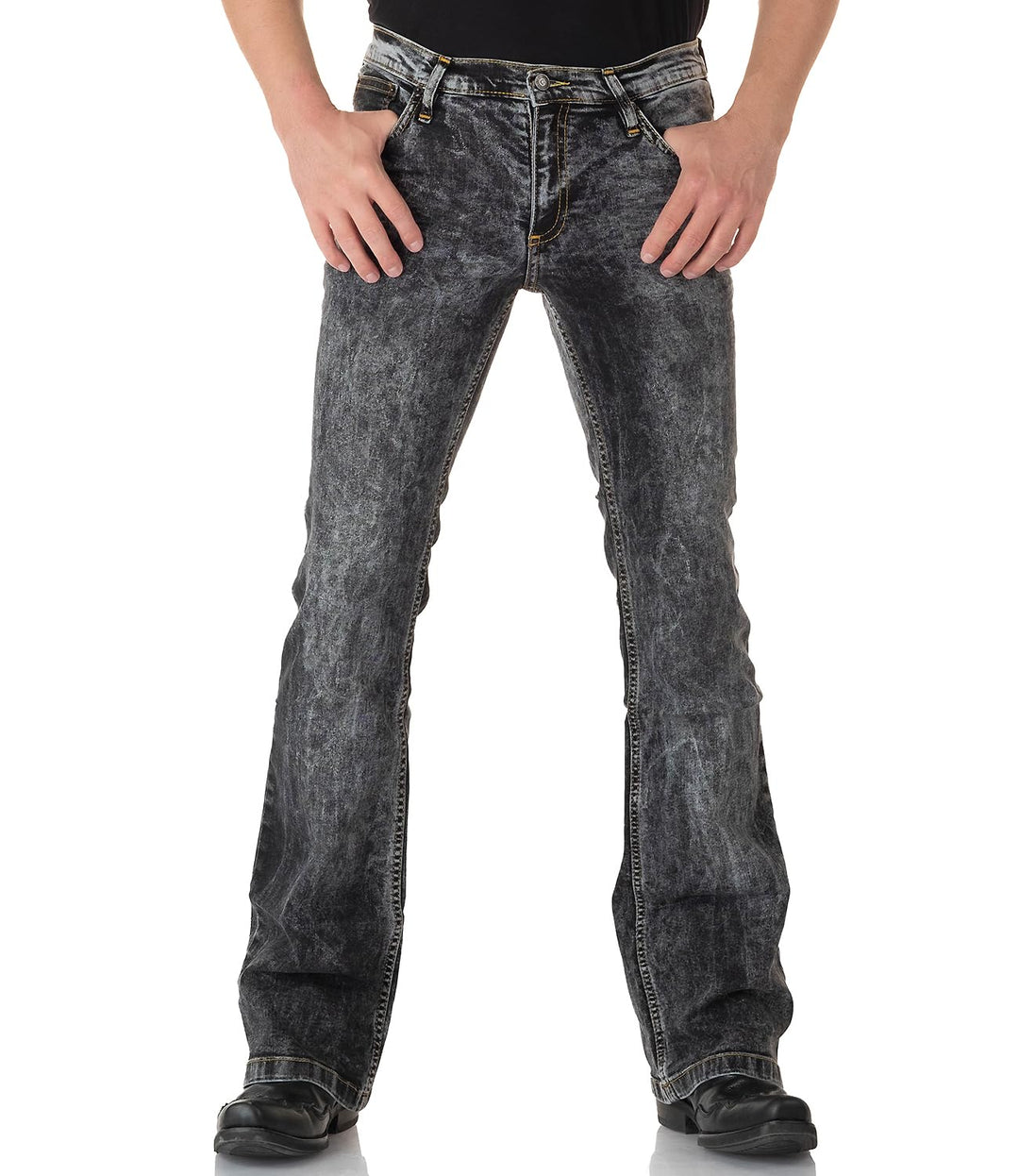 Comycom Schwarz verwaschene Bootcut Jeans Used Look - Herren Jeanshose, Schlagjeans, Flared-Jeans im