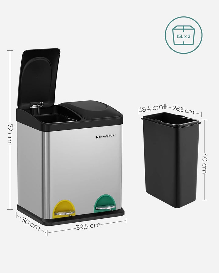 SONGMICS Mülleimer 30 Liter, Mülltrennung, 2 x 15 Liter, Abfalleimer, Treteimer mit Inneneimern, far