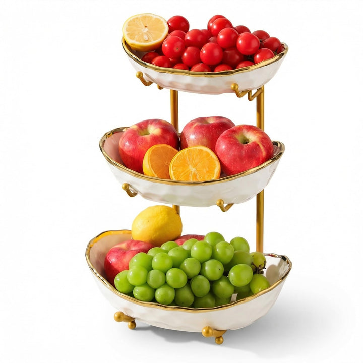 Simcat 3-Schicht Obstschale Keramik mit Metallgestell - Etagere Dekoschale für Küche/Wohnzimmer, Ser